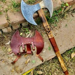 medieval warrior double headed battle axe with leather sheath, labrys, handmade carbon steel two sided axe,
