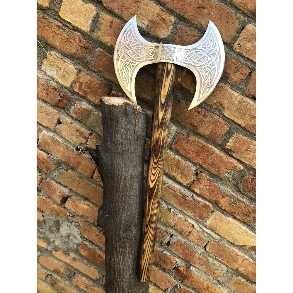 Medieval Warrior Double Headed Battle Axe With Leather Sheath, Labrys, Handmade Carbon Steel Two Sided Axe, Medieval Double Axe, Custom axe1.jpg