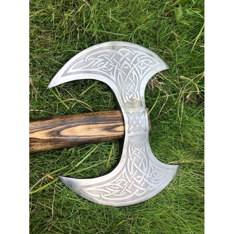 Medieval Warrior Double Headed Battle Axe With Leather Sheath, Labrys, Handmade Carbon Steel Two Sided Axe, Medieval Double Axe, Custom axe5.jpg