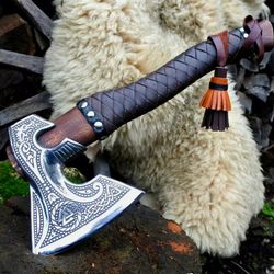 carbon steel viking axe, fantasy axe, forged axe, hatchet warrior throwing axe, custom engraved axe, gift for boyfriend
