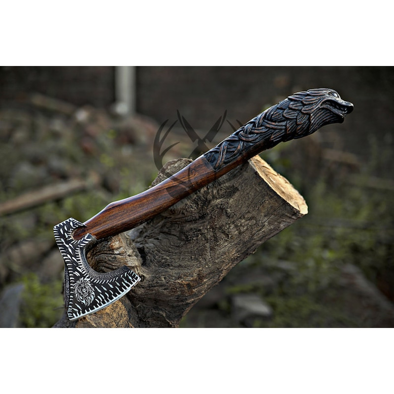 VIKING WEDDING GIFT - Custom Handmade Carbon Steel Axe Comes with Leather Sheath, Hand Forged Viking Axe, Wolf Gifts for Boyfriend01.jpg