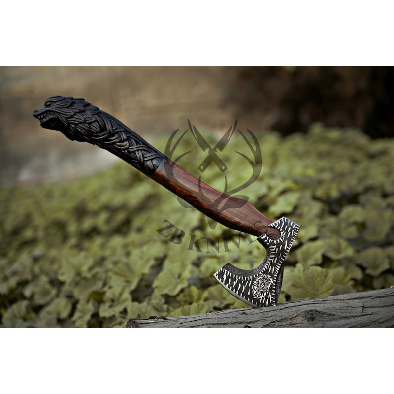 VIKING WEDDING GIFT - Custom Handmade Carbon Steel Axe Comes with Leather Sheath, Hand Forged Viking Axe, Wolf Gifts for Boyfriend02.jpg