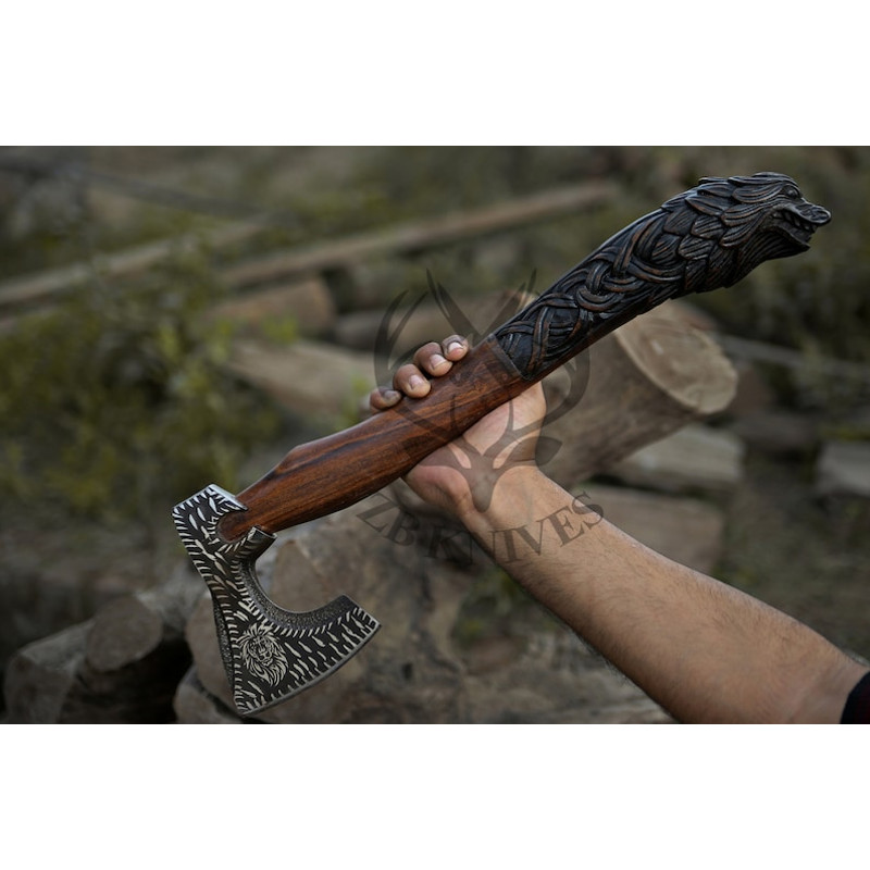 VIKING WEDDING GIFT - Custom Handmade Carbon Steel Axe Comes with Leather Sheath, Hand Forged Viking Axe, Wolf Gifts for Boyfriend03.jpg