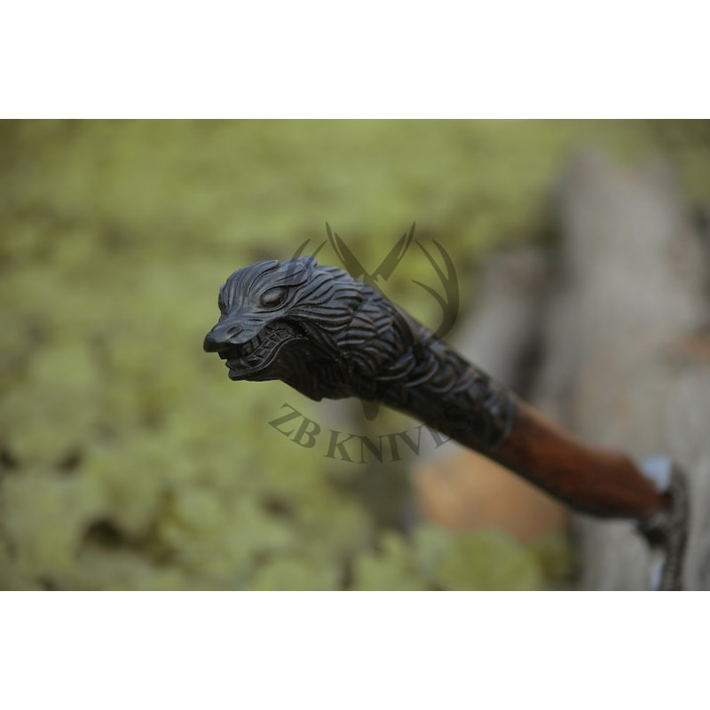 VIKING WEDDING GIFT - Custom Handmade Carbon Steel Axe Comes with Leather Sheath, Hand Forged Viking Axe, Wolf Gifts for Boyfriend06.jpg