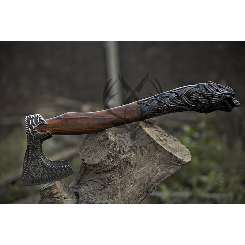 VIKING WEDDING GIFT - Custom Handmade Carbon Steel Axe Comes with Leather Sheath, Hand Forged Viking Axe, Wolf Gifts for Boyfriend08.jpg
