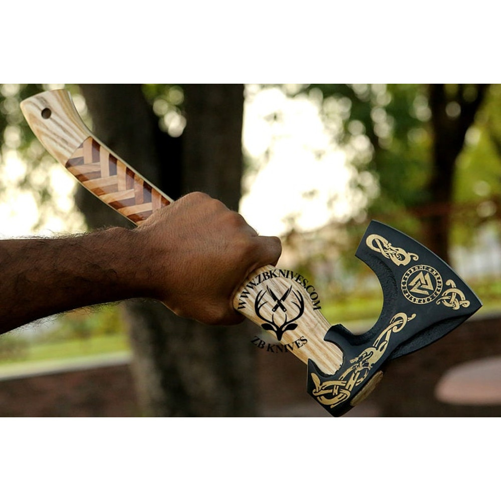 Handmade Viking axe, Viking Hatchet, Bearded axe, Norse God Odin Valknut, Forged Axe, Functional Wall decor, Decorative Wood Chopping Axe05.jpg