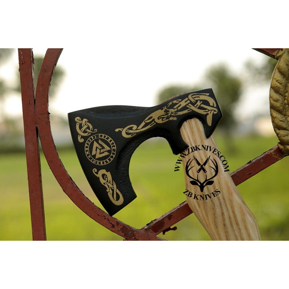 Handmade Viking axe, Viking Hatchet, Bearded axe, Norse God Odin Valknut, Forged Axe, Functional Wall decor, Decorative Wood Chopping Axe08.jpg