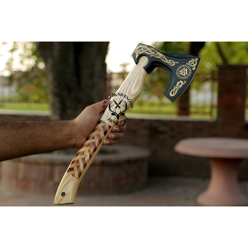 Handmade Viking axe, Viking Hatchet, Bearded axe, Norse God Odin Valknut, Forged Axe, Functional Wall decor, Decorative Wood Chopping Axe01.jpg