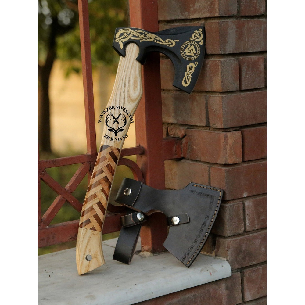 Handmade Viking axe, Viking Hatchet, Bearded axe, Norse God Odin Valknut, Forged Axe, Functional Wall decor, Decorative Wood Chopping Axe02.jpg