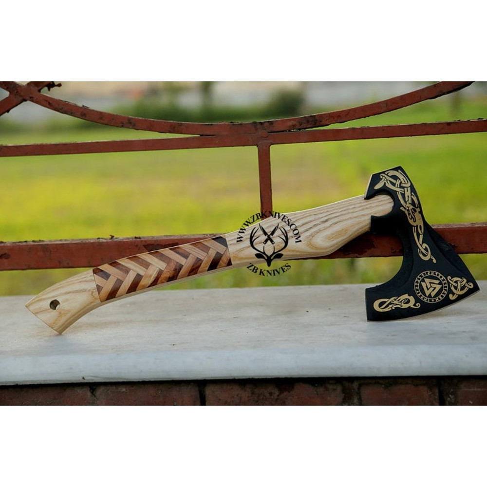 Handmade Viking axe, Viking Hatchet, Bearded axe, Norse God Odin Valknut, Forged Axe, Functional Wall decor, Decorative Wood Chopping Axe03.jpg