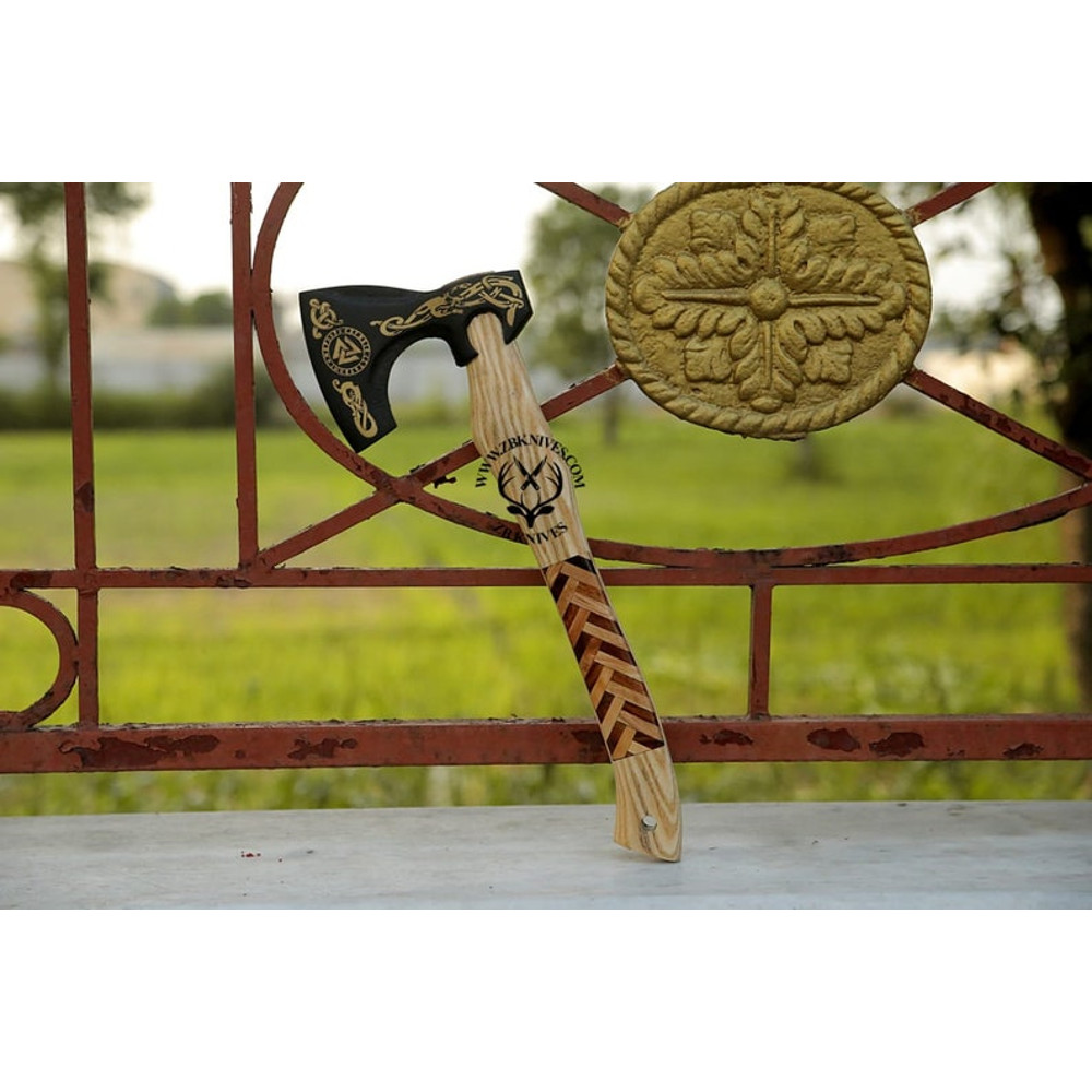 Handmade Viking axe, Viking Hatchet, Bearded axe, Norse God Odin Valknut, Forged Axe, Functional Wall decor, Decorative Wood Chopping Axe04.jpg