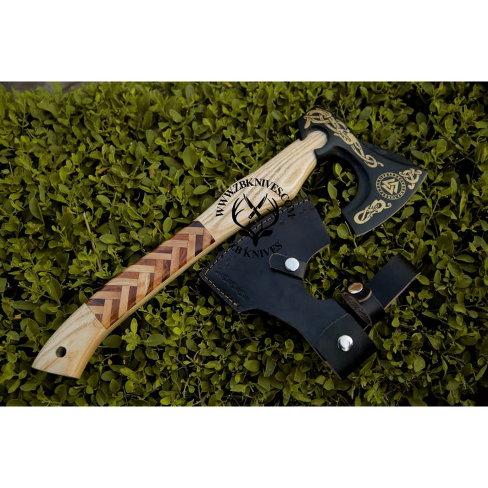 Handmade Viking axe, Viking Hatchet, Bearded axe, Norse God Odin Valknut, Forged Axe, Functional Wall decor, Decorative Wood Chopping Axe06.jpg