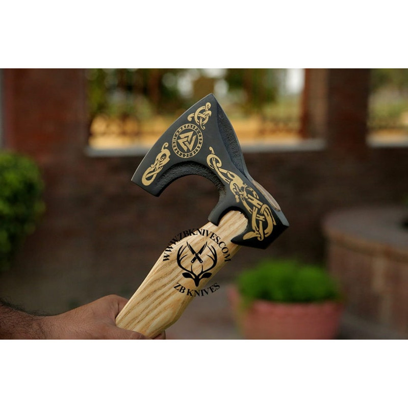 Handmade Viking axe, Viking Hatchet, Bearded axe, Norse God Odin Valknut, Forged Axe, Functional Wall decor, Decorative Wood Chopping Axe07.jpg