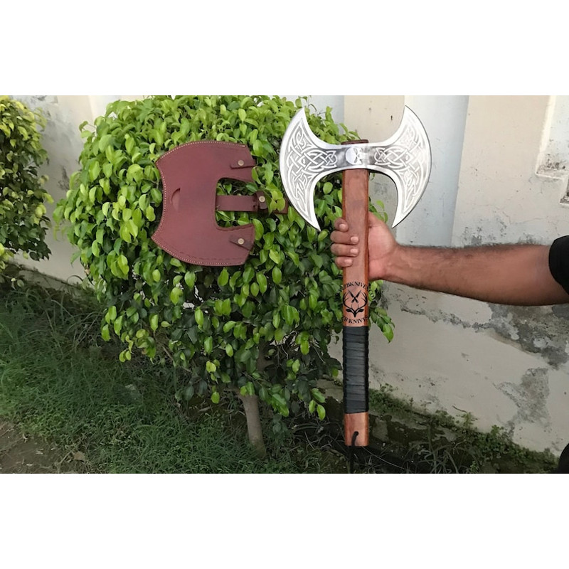 Carbon Steel Viking Axe with Leather Sheath, Ancient Greek Labrys Axe, Medieval Double Headed Warrior Throwing Axe, Decorative War Axe07.jpg