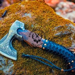 leather wrapped bearded viking axe and leather sheath with custom engraving options, carbon steel throwing axe,