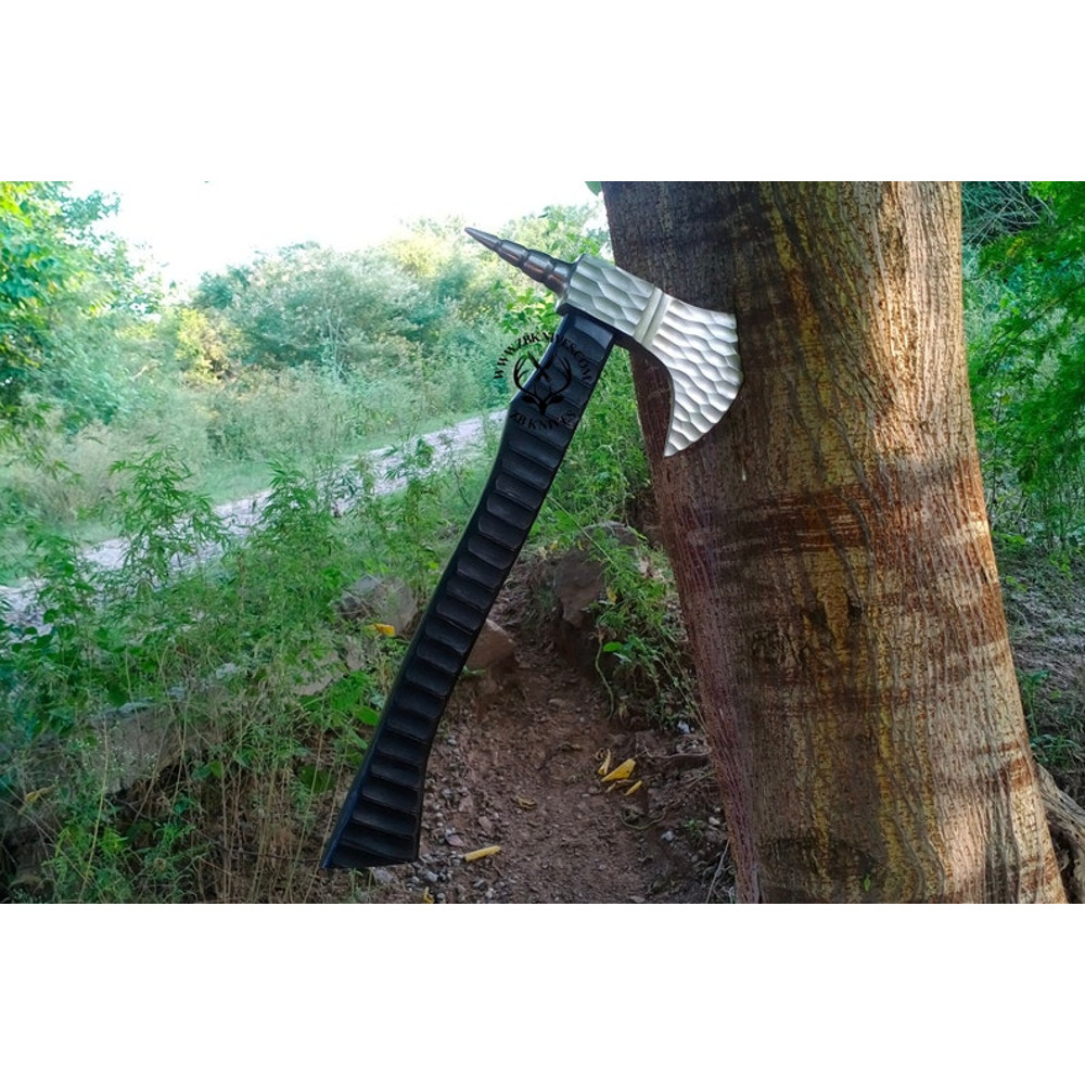 GROOMSMEN GIFT for HIM Forged Viking Axe Throwing Custom Handmade Carbon Steel Beautiful Leather Wrap on the Handle Handmade Leather Sheath02.jpg