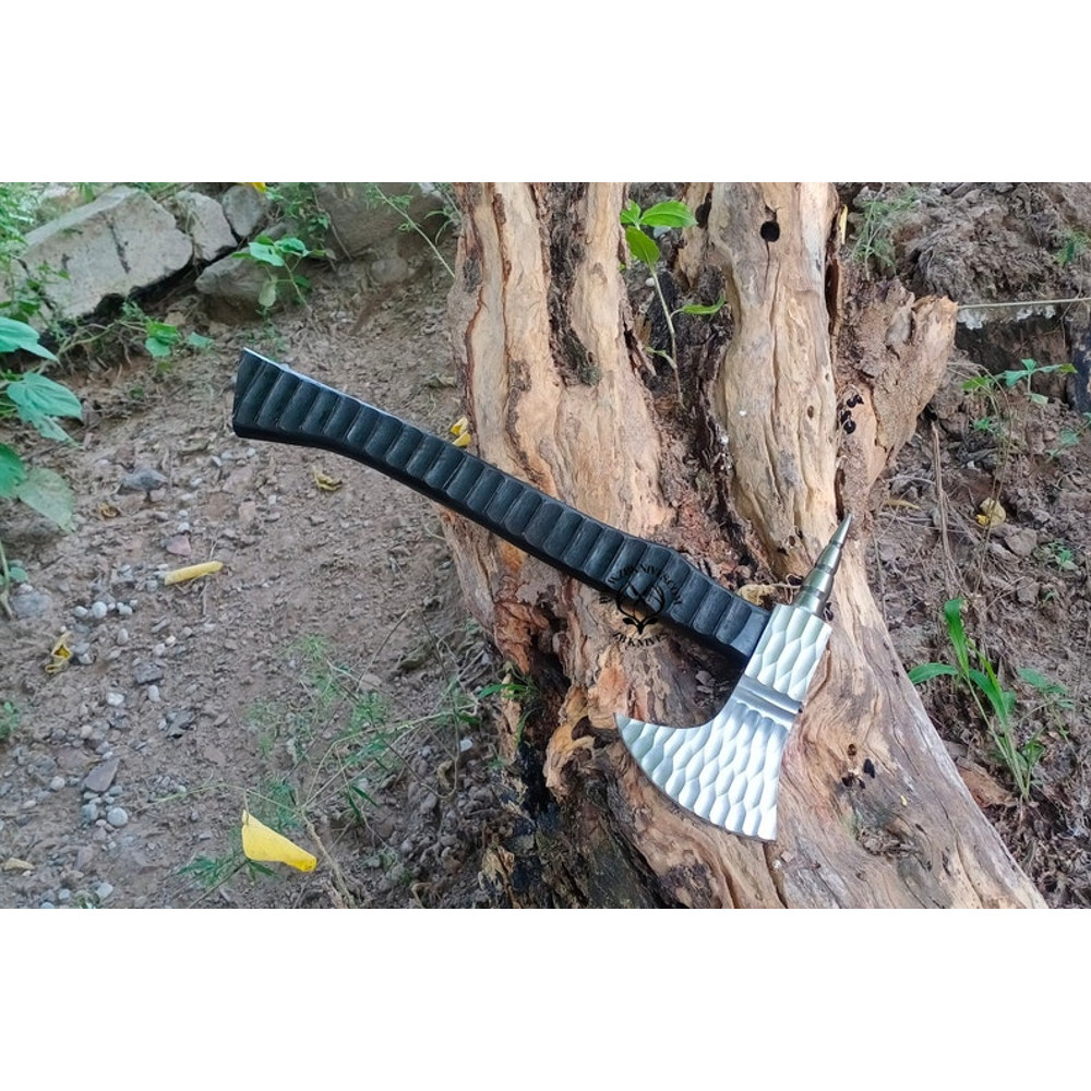 GROOMSMEN GIFT for HIM Forged Viking Axe Throwing Custom Handmade Carbon Steel Beautiful Leather Wrap on the Handle Handmade Leather Sheath03.jpg