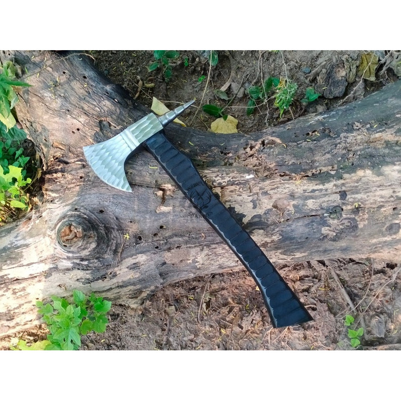 GROOMSMEN GIFT for HIM Forged Viking Axe Throwing Custom Handmade Carbon Steel Beautiful Leather Wrap on the Handle Handmade Leather Sheath04.jpg