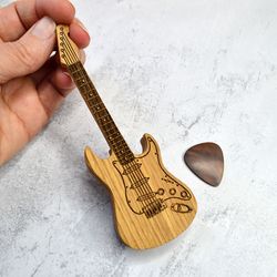 Wooden electric guitar shaped box for guitar picks, wooden pick in holder for personalized gift to guitar player, picks