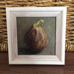 "Fig" oil small painting fruit stilllife original wall art picture artwork, 10x10cm (4x4inch).