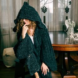 "Magus, Medium, Sage" Asymmetrical knitted coat - hooded robe