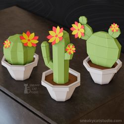 Cactus 3 in 1 bundle - 3D Papercraft template Digital pattern for printing and cutting (pdf, svg*, dxf*)