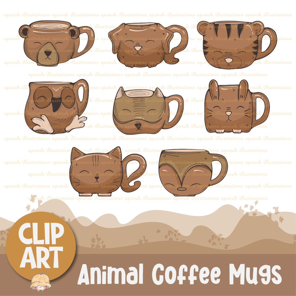 Cute Animal Coffee Tea Mugs Clipart Banner01.png