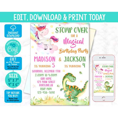 Editable unicorn and dinosaur birthday invitation Corjl template Boy and girl joint invitation Dino unicorn party invite