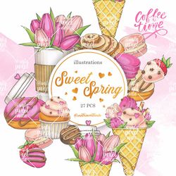 Sweet Clipart, Pastries Clipart, Dessert PNG Digital Download, Trendy Cupcake, Macaroons Pink Cream Stylish Muffins