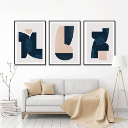 Very Large Posters Wall Art Set Of 3 Navy And Beige Artwork Poster Download Living Room Art Abstract Painting Simple Art