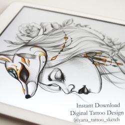 Kitsune Tattoo Sketch Girl Fox Mask Tattoo Flash Lady Fox Tattoo Design for Woman, Instant download PDF and JPG files