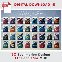 32 Football Teams Sublimation Designs - 11oz 15oz MUG - Digital Mug Wrap