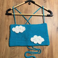 Crochet Blue Top, Crop top, Crochet Top, Crochet without back, Summer crochet Top, top with clouds