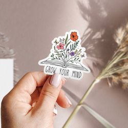 grow your mind sticker, book and flowers sticker, vintage laptop vinyl sticker, waterproof sticker