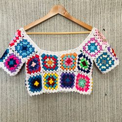 Rainbow Square Crochet Crop top, square Top, Crochet Granny Square Top, Crochet Patchwork Crop Top