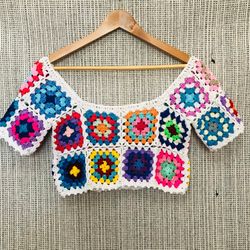 rainbow square crochet crop top, square top, crochet granny square top, crochet patchwork crop top