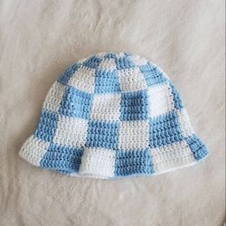 Checkered Crochet Summer Hat, Checkered Bucket Crochet Hat, Handmade Vintage Hat,
