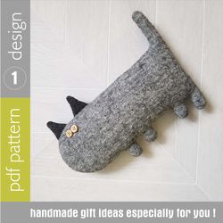 Grey cat sewing pattern PDF, digital tutorial in english, stuffed animal sewing diy
