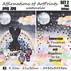 SET 2 Art Prints. Illustrations. Watercolor affirmations. Relaxation and Harmony A4 png jpg
