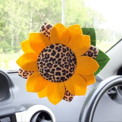 Sunflower gifts for women, Leopard print, Car ornament, Car mirror hanging accessories, Rear view mirror accessories,