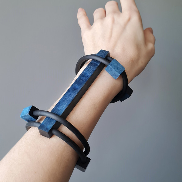 blue bracelet, wooden bracelet, long bracelet, asymmetric bracelet, bracer bracelet, geometric bracelet, bracelet on hand