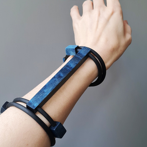 blue bracelet, wooden bracelet, long bracelet, asymmetric bracelet, bracer bracelet, geometric bracelet, bracelet on hand 2