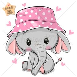 Cute Cartoon Elephant PNG, clipart, Sublimation Design, Children printable, Panama hat, Girl, art