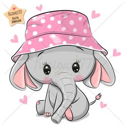 cute cartoon elephant png, clipart, sublimation design, children printable, panama hat, girl, art