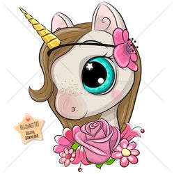 cute cartoon unicorn png, clipart, sublimation design, children printable, flowers, art