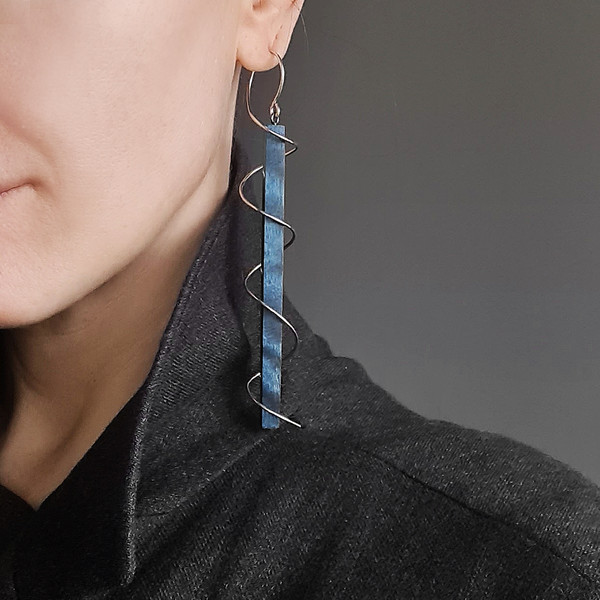 Long earrings, blue earrings, wooden earrings, silver earrings, unusual earrings, spiral earrings, earrings on ear