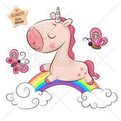 Cute Cartoon Unicorn PNG, clipart, Sublimation Design, Children printable, Rainbow, art