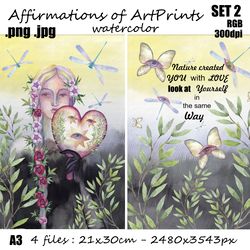 SET 2 Art Prints. Illustrations. Watercolor affirmations. Motivations and Harmony A4 png jpg