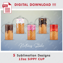 5 Ice Cream Wafer Sublimation Designs - Seamless Sublimation Patterns - 12oz SIPPY CUP - Full Cup Wrap