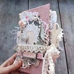 Garden junk journal handmade French junk book for sale Lace roses journal Botanical thick completed pink
